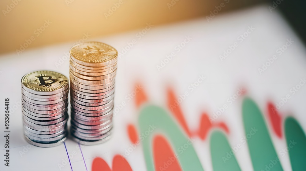 Poster stacks of bitcoins on a graph showing potential growth.