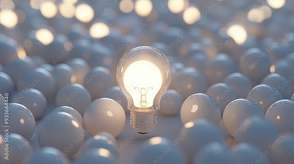 Poster glowing light bulb highlighted among many white background bulbs in a 3d rendering, with space for a