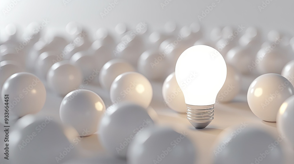 Poster glowing light bulb highlighted among many white background bulbs in a 3d rendering, with space for a