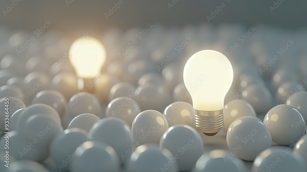 Poster Glowing light bulb highlighted among many white background bulbs in a 3D rendering, with space for adding inspirational or creative messages