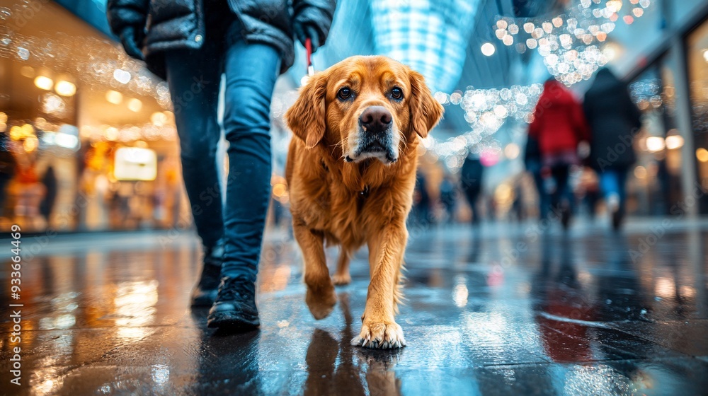 Poster a visually impaired person and their guide dog navigating a crowded shopping mall showing the dogs r