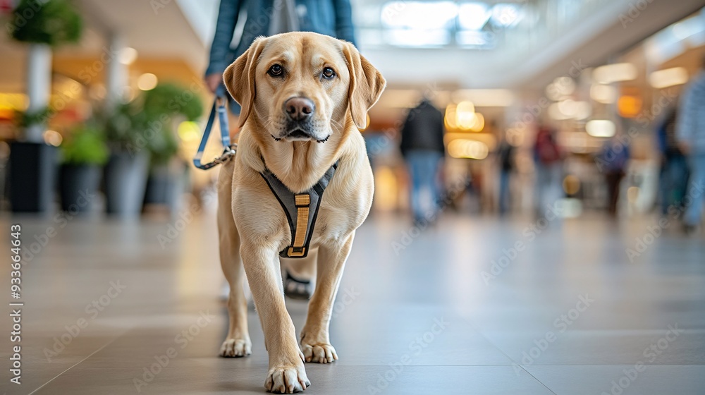Poster a visually impaired person and their guide dog navigating a crowded shopping mall showing the dogs r