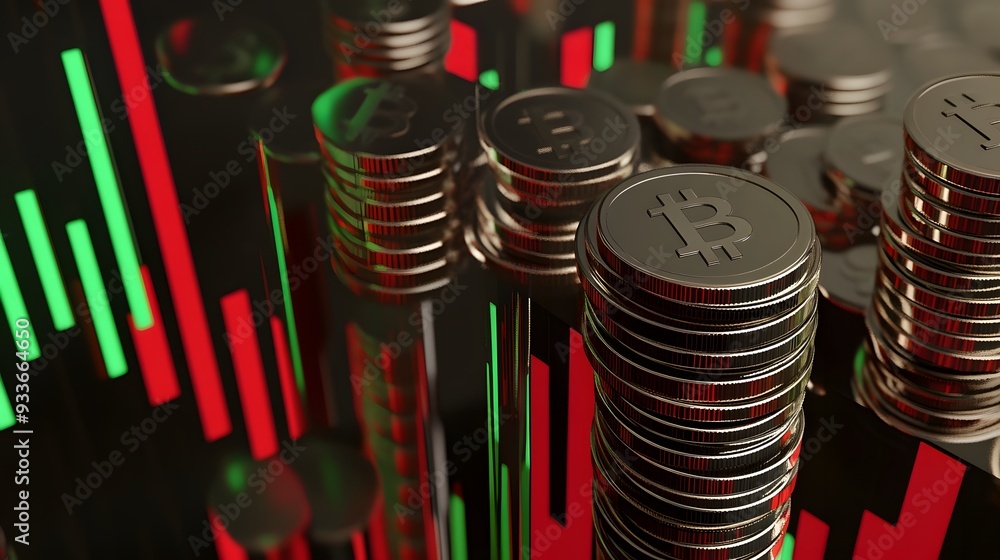 Poster stacks of golden bitcoin coins against a chart with red and green lines.