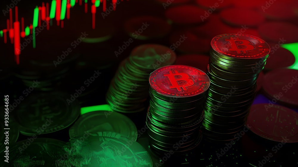 Aufkleber stacks of bitcoins with a chart in the background.