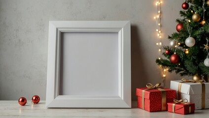 Portrait white picture frame mockup with christmas gifts, boken lights