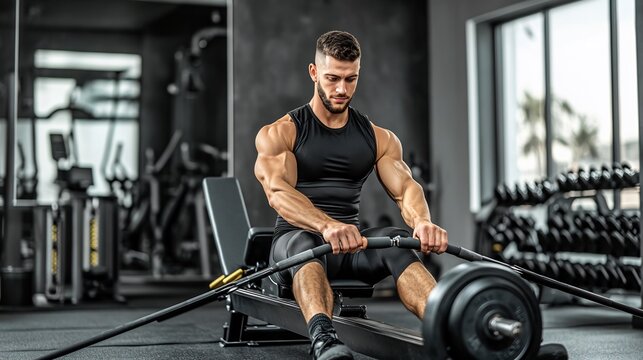 Fitness enthusiast using rowing machine in a sleek modern gym focusing on endurance training