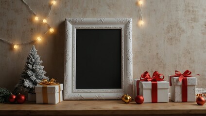 Portrait white picture frame mockup with christmas gifts, boken lights