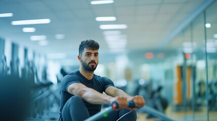 Fitness enthusiast using rowing machine in a sleek modern gym focusing on endurance training