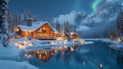 Fototapeta premium A cozy cabin nestled in a snowy forest, illuminated by warm lights, with the breathtaking view of a frozen lake and aurora borealis dancing in the sky.