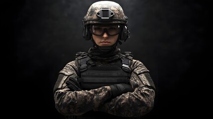 Resolute Military Warrior in Full Tactical Gear Stands Ready for Action