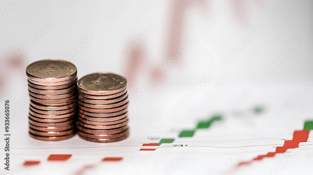 Wall mural two stacks of coins sit on a financial chart.