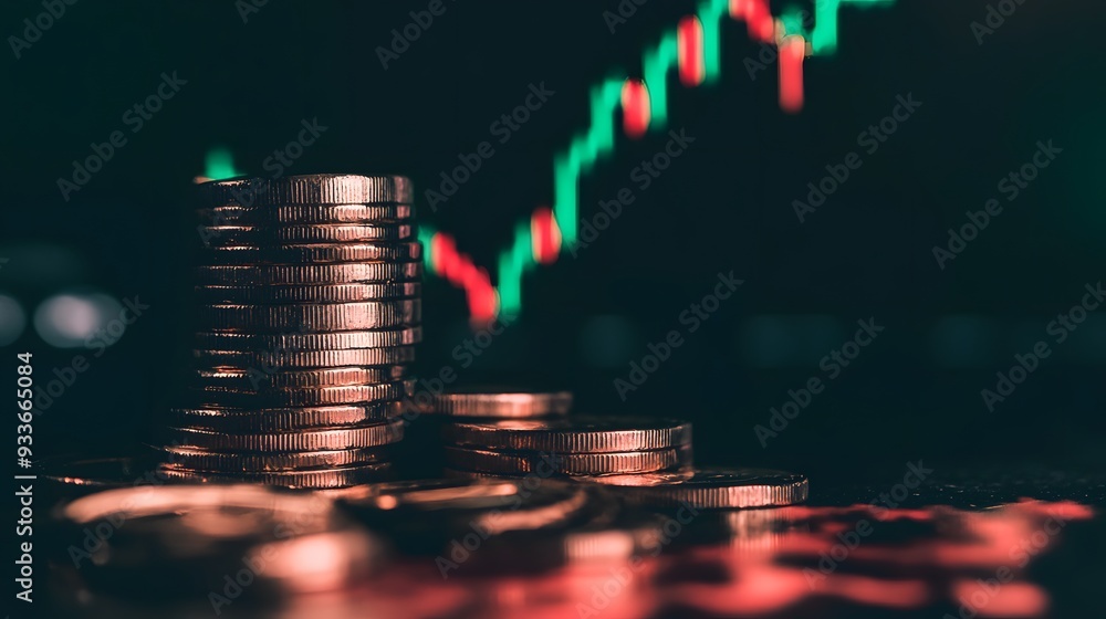 Poster a stack of coins in front of a blurred out stock chart.