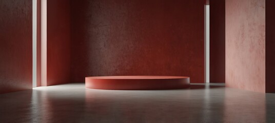 Red podium and minimal abstract background for Christmas, empty floor and room corridor with light for showcase,room,interior,display products, wall background technology interior concept,3d render