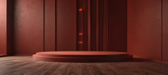 Red podium and minimal abstract background for Christmas, empty floor and room corridor with light for showcase,room,interior,display products, wall background technology interior concept,3d render