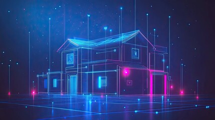Smart house featuring bright outlines and points illustrating smart home technology idea