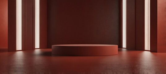 Red podium and minimal abstract background for Christmas, empty floor and room corridor with light for showcase,room,interior,display products, wall background technology interior concept,3d render