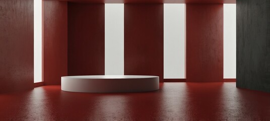 Red podium and minimal abstract background for Christmas, empty floor and room corridor with light for showcase,room,interior,display products, wall background technology interior concept,3d render