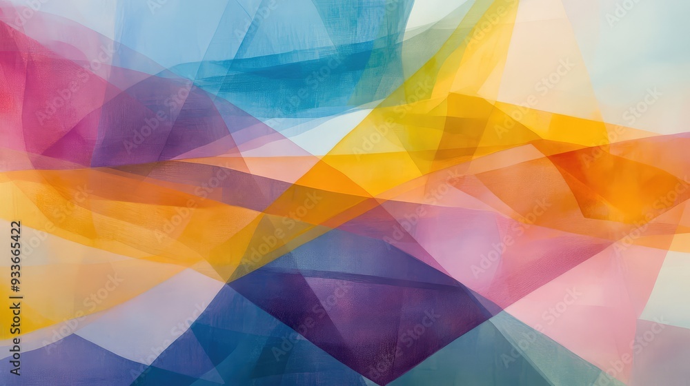 Poster abstract composition with overlapping layers of semi-transparent colors, creating a veiled effect of