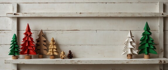  Rustic wood Christmas tree decor frame on a wooden shelf against a white wall banner background with copy space