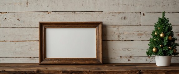  Rustic wood Christmas tree decor frame on a wooden shelf against a white wall banner background with copy space
