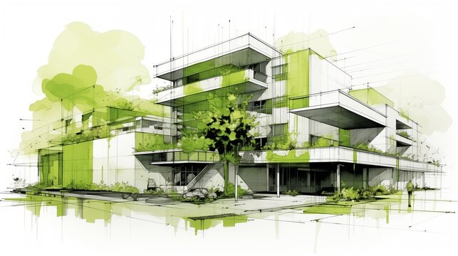 Architectural sketch of a modern, sustainable building featuring green spaces and eco-friendly design elements.