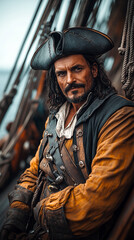 Fototapeta premium Portrait of an ancient times pirate standing on a sailboat. 