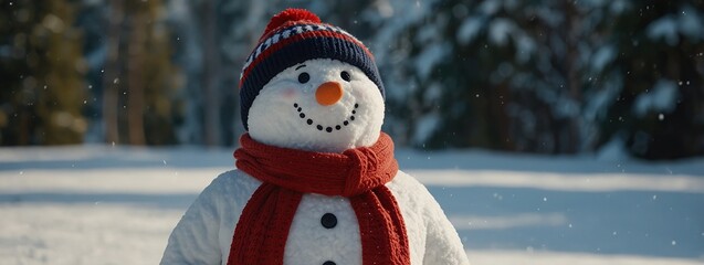 snowman smiling standing in snow near spruce trees. Cute new year, christmas holiday character smiling in red mittens scarf and hat