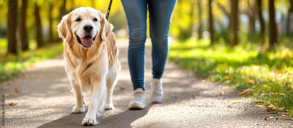 Poster a visually impaired person and their guide dog walking confidently through a park trail showing the 