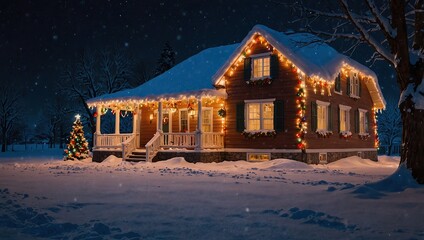 Snowy beautiful christmas house decorated with colorful lights. View of the house in winter