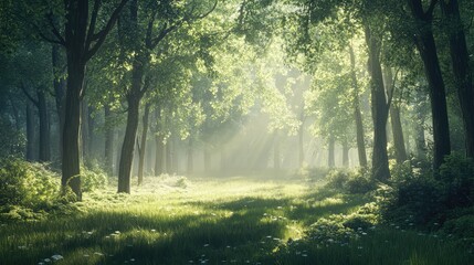 Naklejka premium A secluded, tranquil forest clearing with soft, dappled light filtering through the trees, creating a serene and reflective atmosphere.