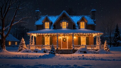 Snowy beautiful christmas house decorated with colorful lights. View of the house in winter