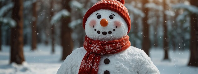 snowman smiling standing in snow near spruce trees. Cute new year, christmas holiday character smiling in red mittens scarf and hat