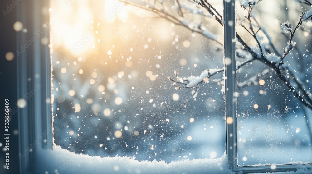 Poster a gentle snowfall through a translucent window, creating a serene and delicate veil of transparency 