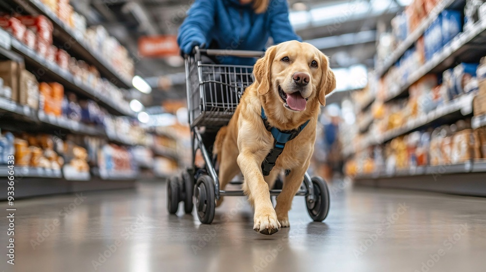 Poster a service dog assisting a person with limited mobility in a grocery store by pulling a shopping cart