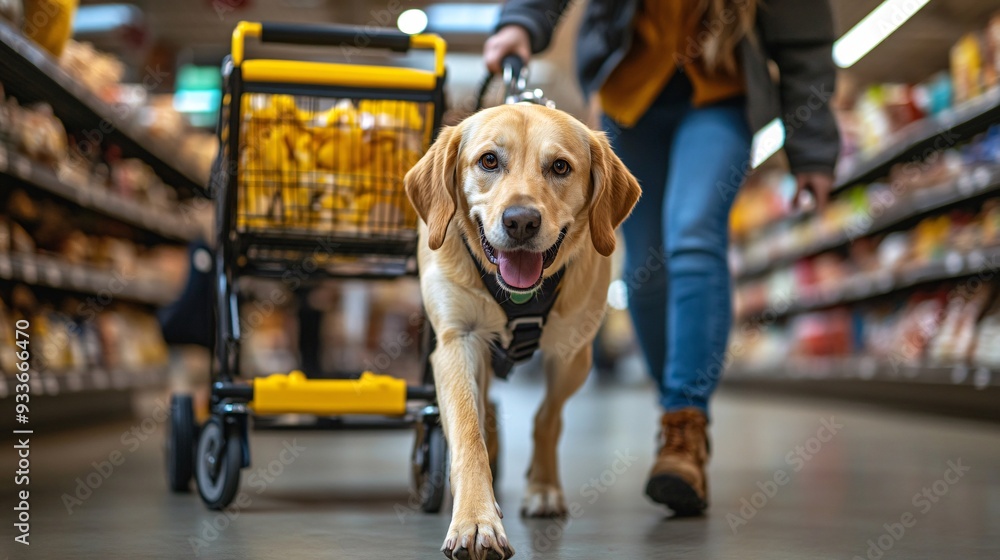 Aufkleber a service dog assisting a person with limited mobility in a grocery store by pulling a shopping cart