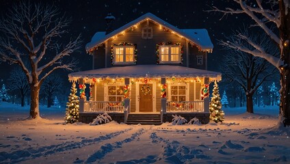 Snowy beautiful christmas house decorated with colorful lights. View of the house in winter