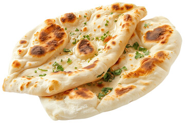 Isolated naan bread on a white or transparent background, topped with herbs. This traditional Indian flatbread, perfect as a crispy and savory side dish, is ideal for any meal or snack.