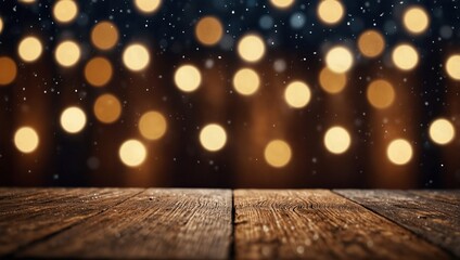 Unique texture wooden board and blurred winter holiday lights background