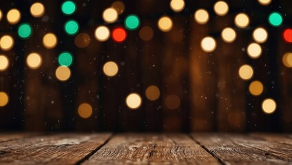 Unique texture wooden board and blurred winter holiday lights background