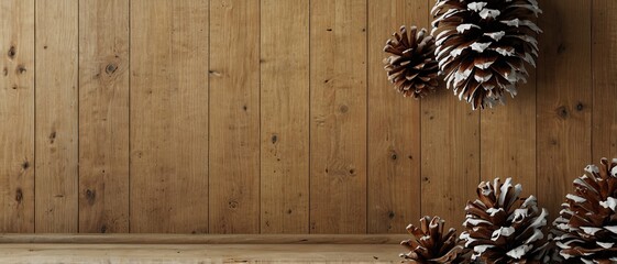 Vertical interior mock up with snowy pine cones on empty wooden wall background. 3D rendering