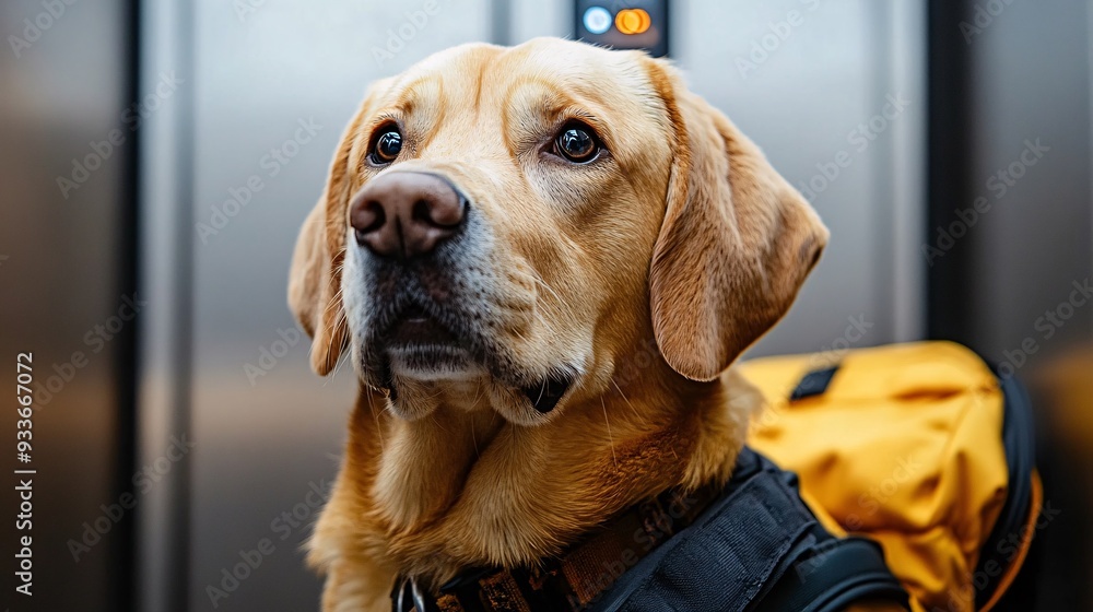 Poster a service dog pressing an elevator button for a person in a wheelchair showcasing the dogs ability t