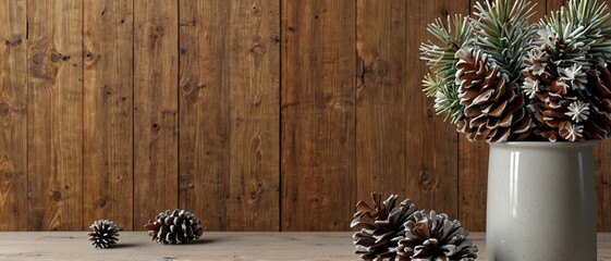 Vertical interior mock up with snowy pine cones on empty wooden wall background. 3D rendering