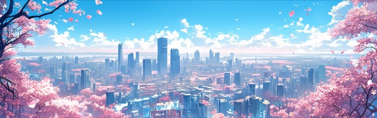 Fototapeta premium anime-style Enchanted Pastel City Skyline: A Whimsical Illustration for Leisure Vacations, Travel, and the Ideal Travel Poster in 4K Wallpaper,Anime-Style,illustration,Picture BooksFor Poster,Novel,UI