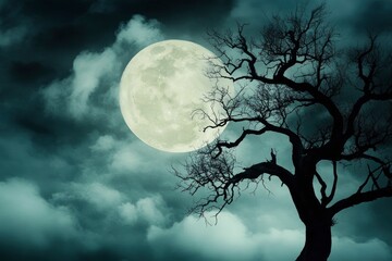 Halloween night ; A dark tree against a full moon with clouds in with generative ai