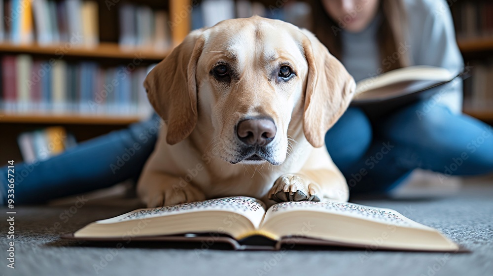 Poster a visually impaired person reading a braille book with their guide dog resting beside them in a quie