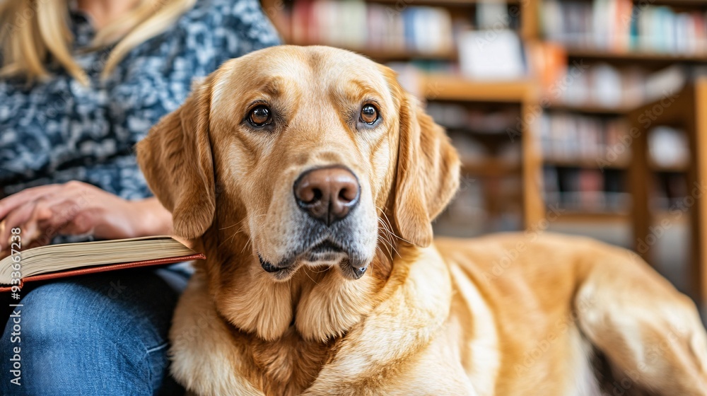 Poster a visually impaired person reading a braille book with their guide dog resting beside them in a quie