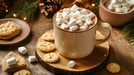 Fototapeta premium A mug of hot chocolate topped with marshmallows and surrounded by cookies.