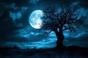 Halloween night ; A dark tree against a full moon with clouds in with generative ai