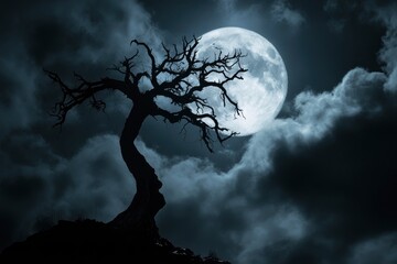 Halloween night ; A dark tree against a full moon with clouds in with generative ai