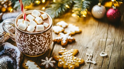 Fototapeta premium A warm mug of hot chocolate with marshmallows and a candy cane stirrer, perfect for a cozy winter evening.